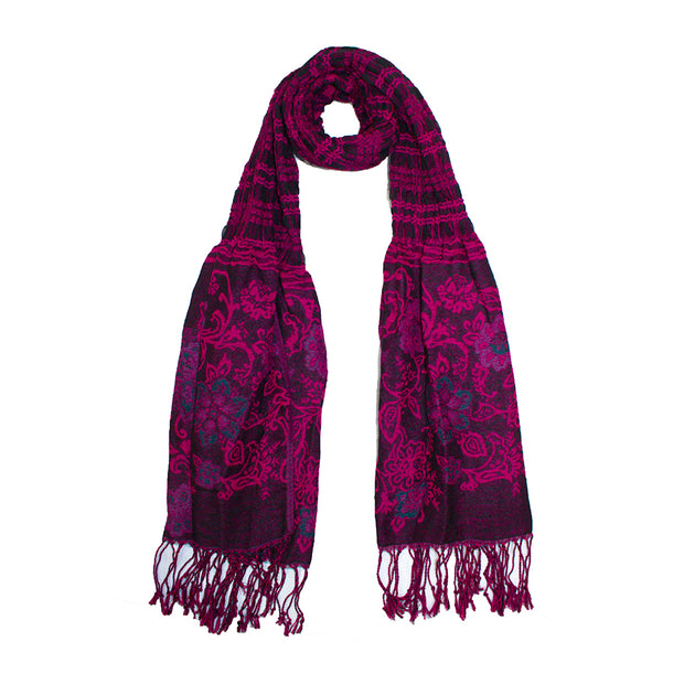 Floral Scarf with Crinkled Texture and Tassels