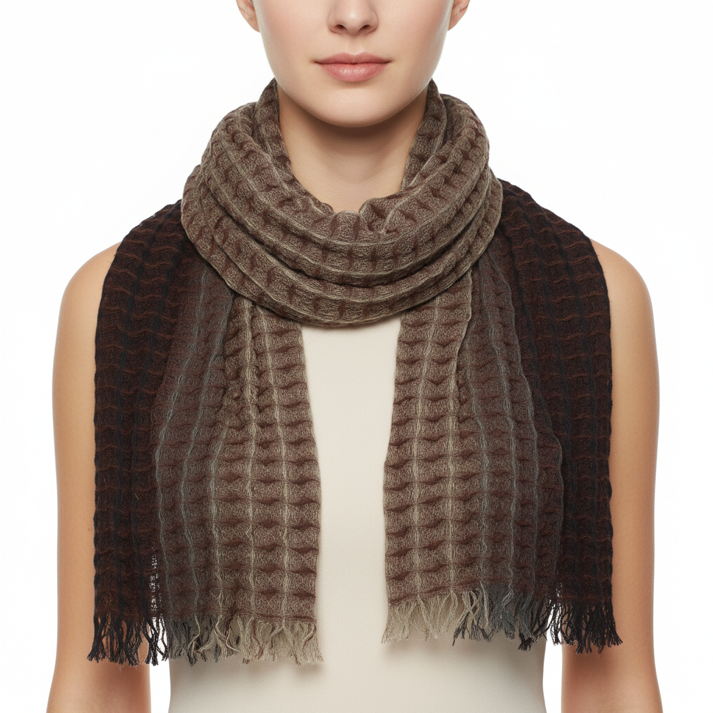 Person wearing a brown scarf with a white background