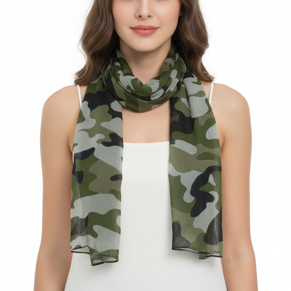 Camouflage patterned scarf on a white background