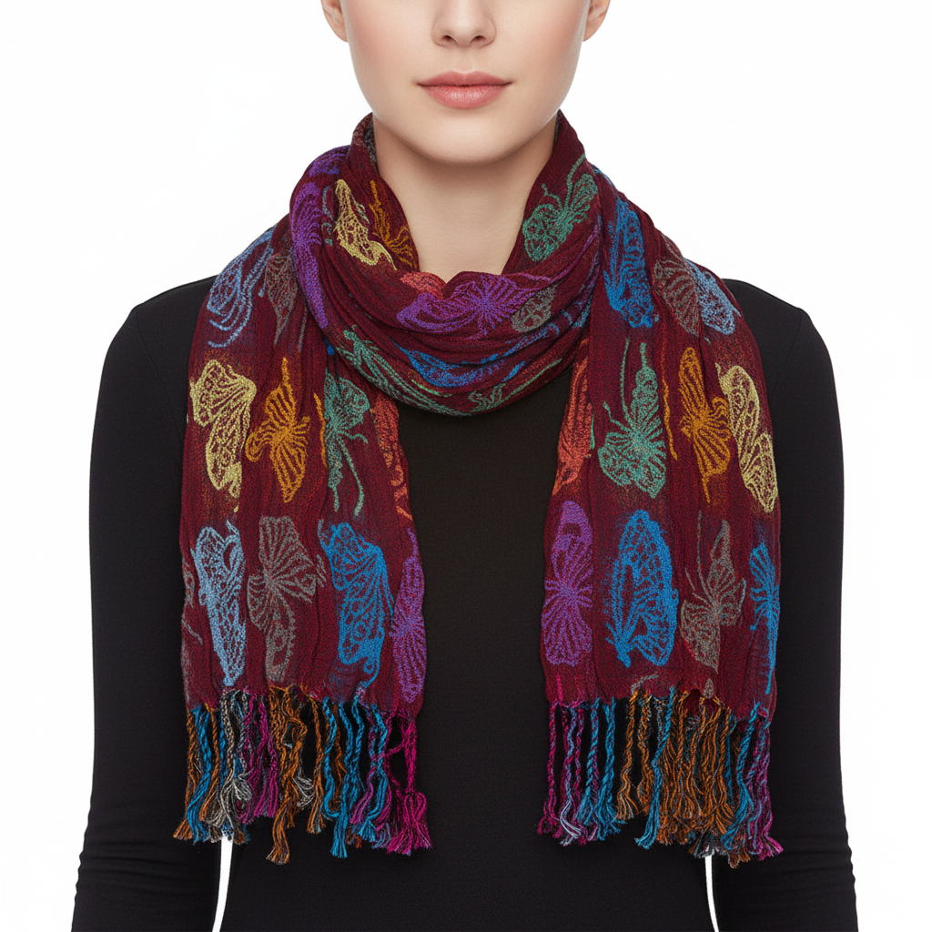 Colorful scarf with butterfly patterns on a white background