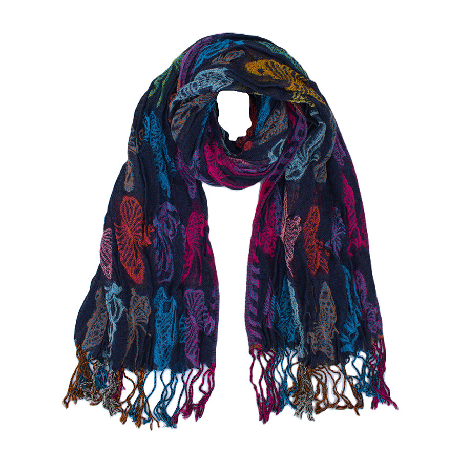 Butterfly Print Crinkle Scarf with Tassels