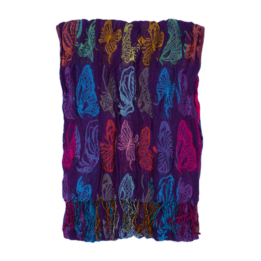 Butterfly Print Crinkle Scarf with Tassels
