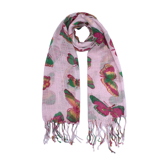 Multicolour Butterfly Print Scarf with Tassels
