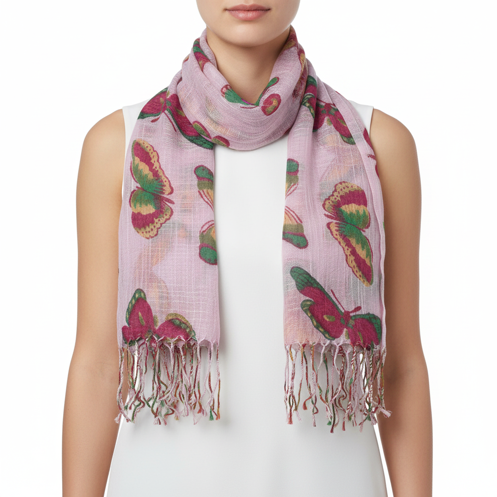 Pink scarf with butterfly pattern on a white background