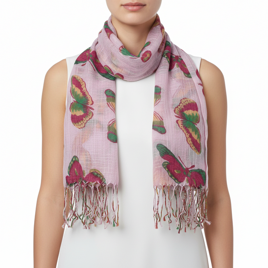 Multicolour Butterfly Print Scarf with Tassels