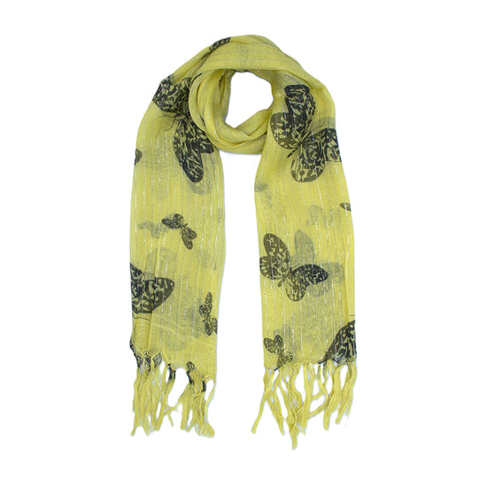 Yellow Butterfly Print Scarf with Tassels & Metallic Strips