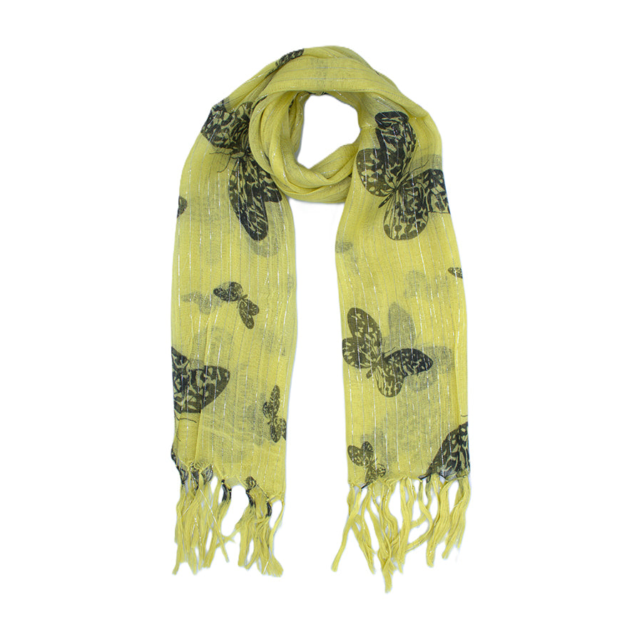 Yellow Butterfly Print Scarf with Tassels & Metallic Strips