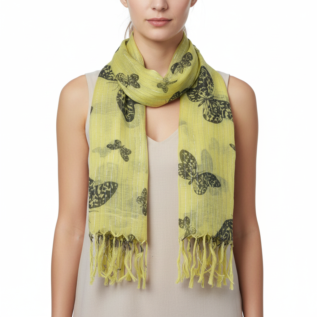 Yellow scarf with black butterfly patterns on a white background