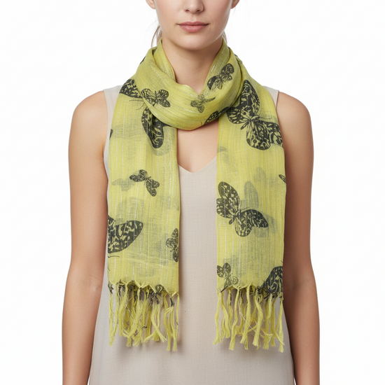 Yellow Butterfly Print Scarf with Tassels & Metallic Strips