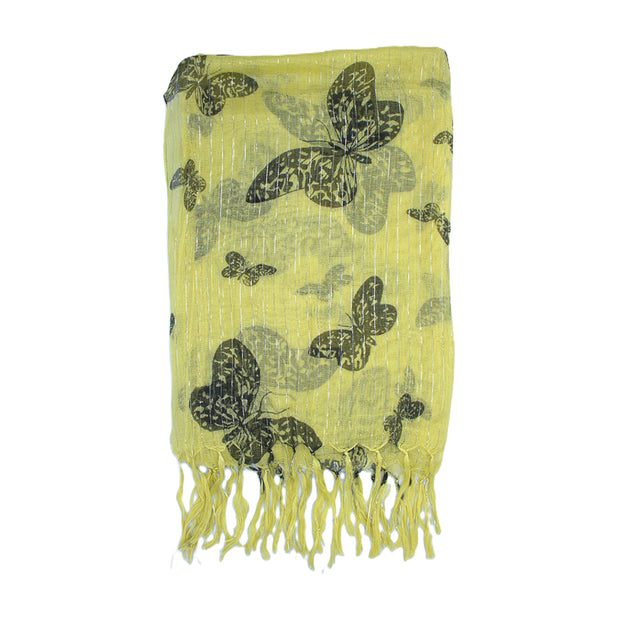 Yellow Butterfly Print Scarf with Tassels & Metallic Strips