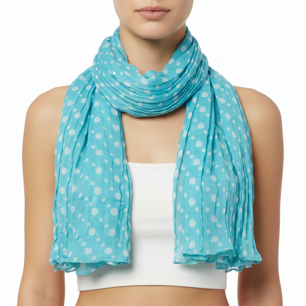 Blue scarf with white polka dots on a white background