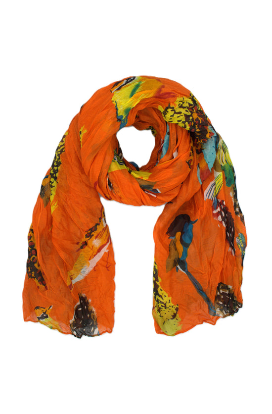 Elegant Multicolour Bird & Feather Print Orange Scarf