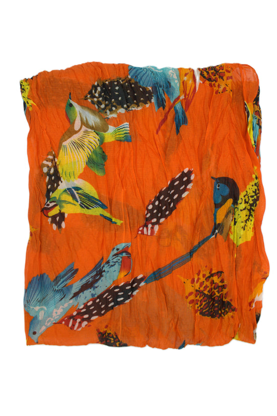 Elegant Multicolour Bird & Feather Print Orange Scarf