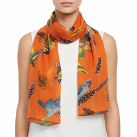 Elegant Multicolour Bird & Feather Print Orange Scarf