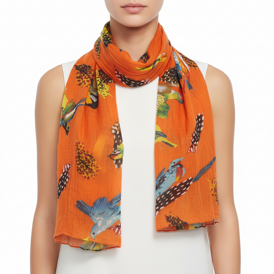 Elegant Multicolour Bird & Feather Print Orange Scarf