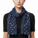 Person wearing a blue star-patterned scarf on a white background
