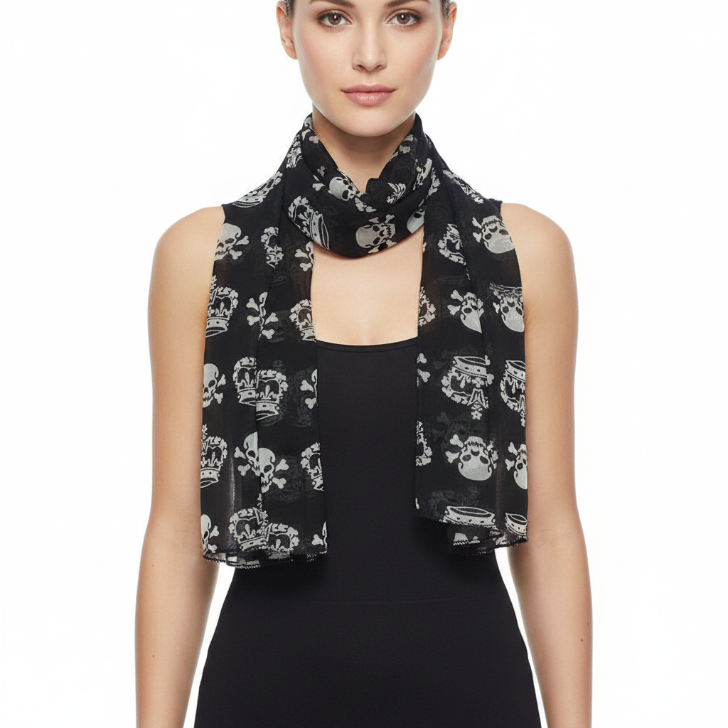 Black scarf with skull and crown pattern on a white background