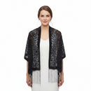 Two black and gray leopard print shawls with fringe, displayed on white mannequins against a white background.