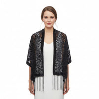 Two black and gray leopard print shawls with fringe, displayed on white mannequins against a white background.