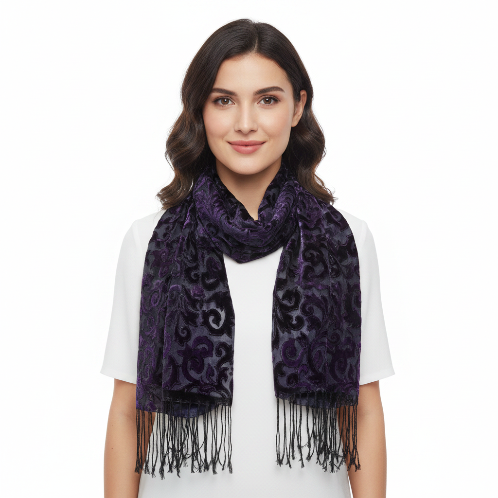 Four rectangular patterned scarves or shawls displayed on a white background, including one larger purple and gray floral design with black fringe and three smaller folded pieces in red, gray, and blue patterns.