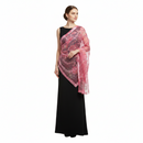 A pink sheer mesh scarf featuring a printed floral pattern with pink roses and green leaves, finished with a ruffled border.