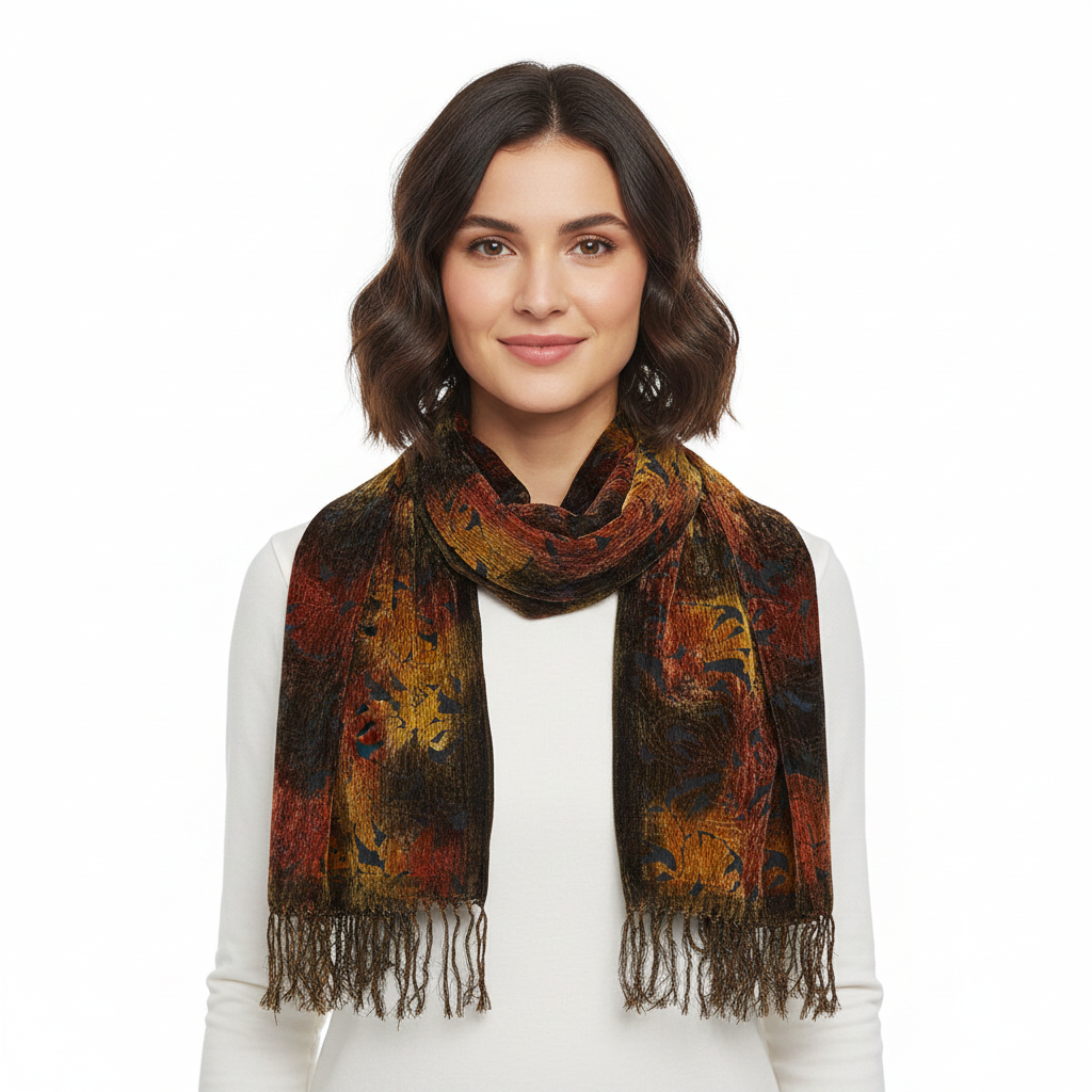 A rectangular woven scarf with fringed ends, featuring an abstract pattern of black, rust red, and ochre yellow on a white background.