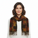 A rectangular woven scarf with fringed ends, featuring an abstract pattern of black, rust red, and ochre yellow on a white background.