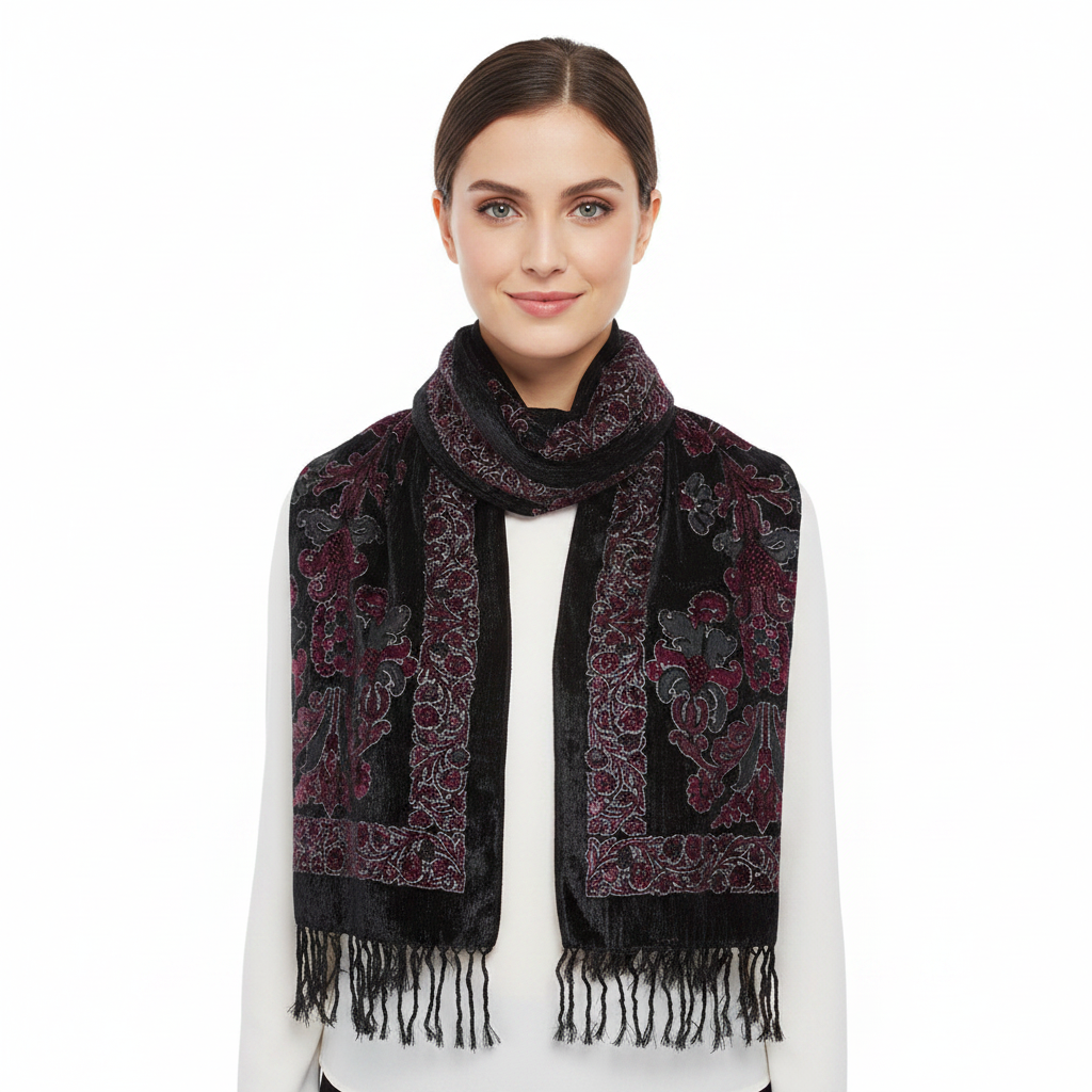 A black rectangular scarf with ornate floral embroidery in pink, red, and gray, finished with a fringed hem, shown against a plain white background.