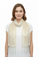A cream-colored sheer fabric wall hanging or tapestry with embroidered butterfly motifs and a fringe of hanging cords at the bottom, shown against a plain white background.
