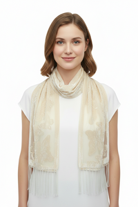 A cream-colored sheer fabric wall hanging or tapestry with embroidered butterfly motifs and a fringe of hanging cords at the bottom, shown against a plain white background.