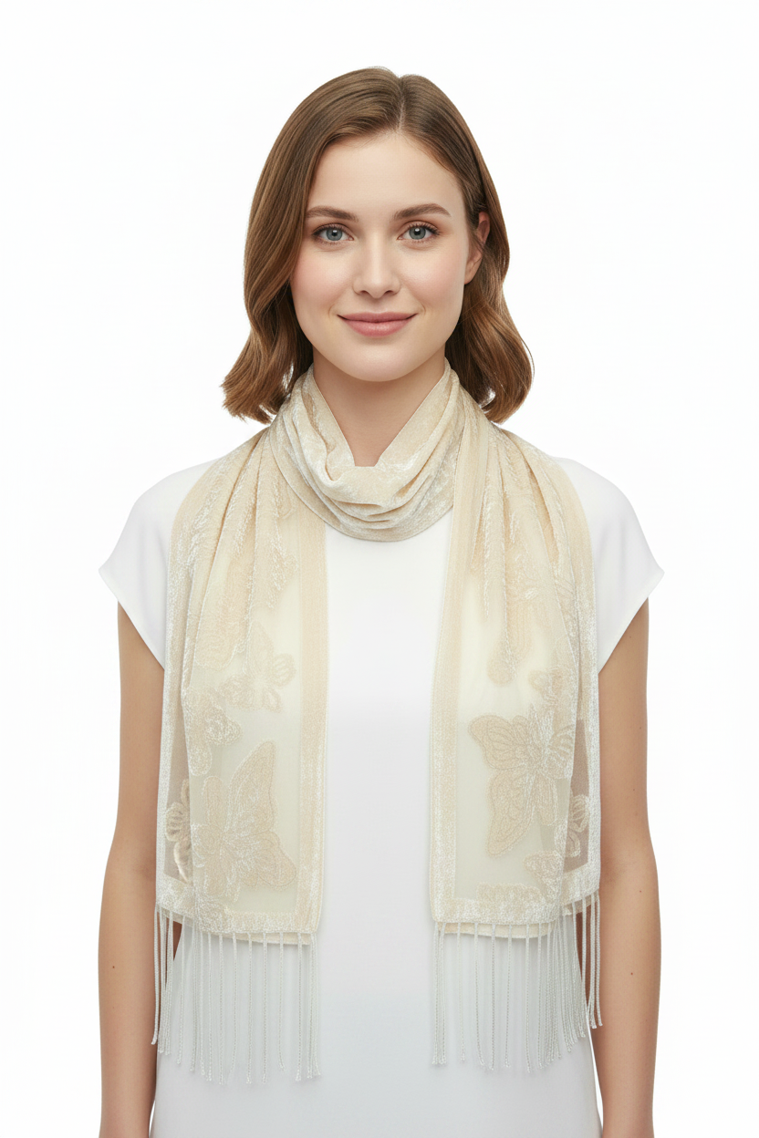 A cream-colored sheer fabric wall hanging or tapestry with embroidered butterfly motifs and a fringe of hanging cords at the bottom, shown against a plain white background.