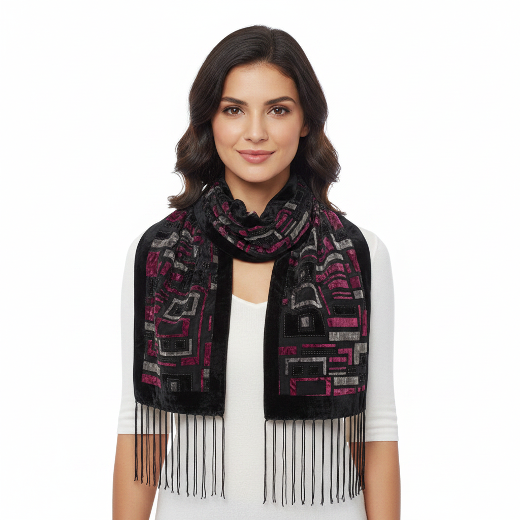 A black rectangular textile wall hanging or tapestry with an abstract geometric pattern in bright pink, gray, and black, finished with long fringe along the bottom edge, shown against a plain white background.