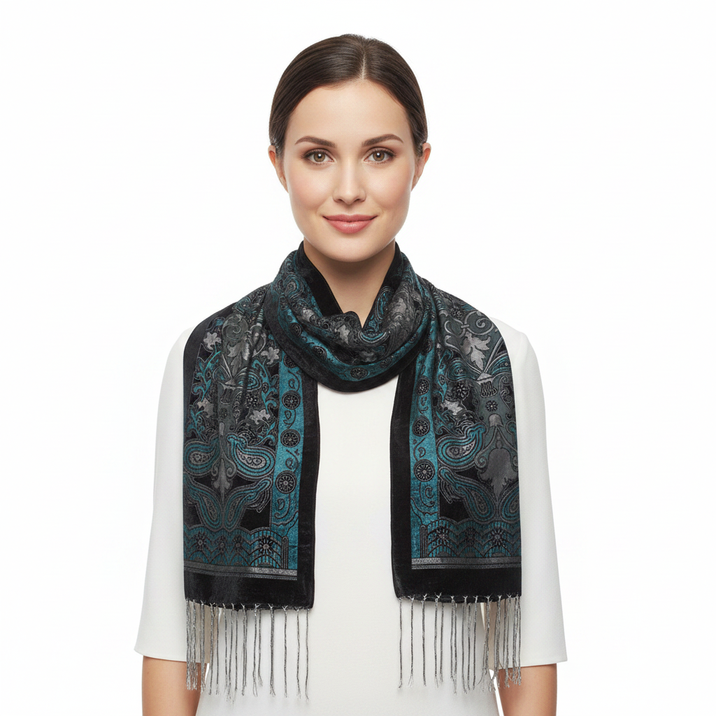 A black velvet prayer shawl with intricate teal, silver, and black embroidery, featuring a central floral and geometric pattern and a long fringe at the bottom, shown against a plain white background.