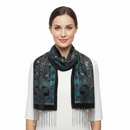 A black velvet prayer shawl with intricate teal, silver, and black embroidery, featuring a central floral and geometric pattern and a long fringe at the bottom, shown against a plain white background.