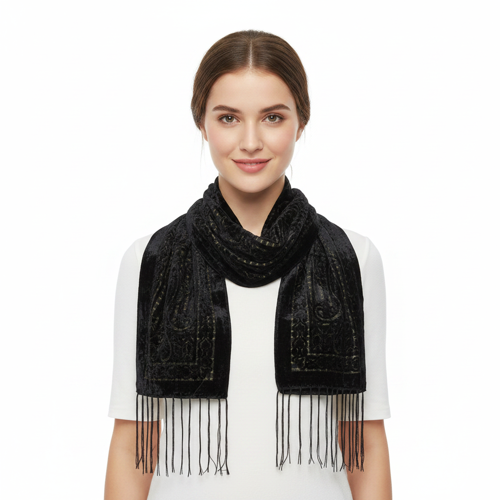 A black woven scarf with intricate paisley and geometric patterns, featuring a fringed hem, displayed against a solid white background.