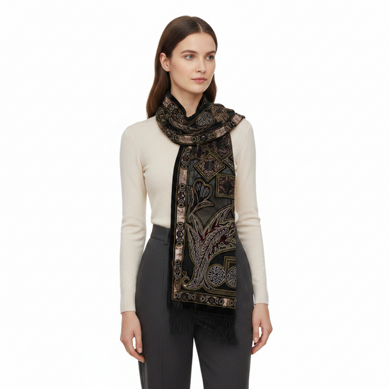 Multipatterned Devore Velvet Scarf with Border