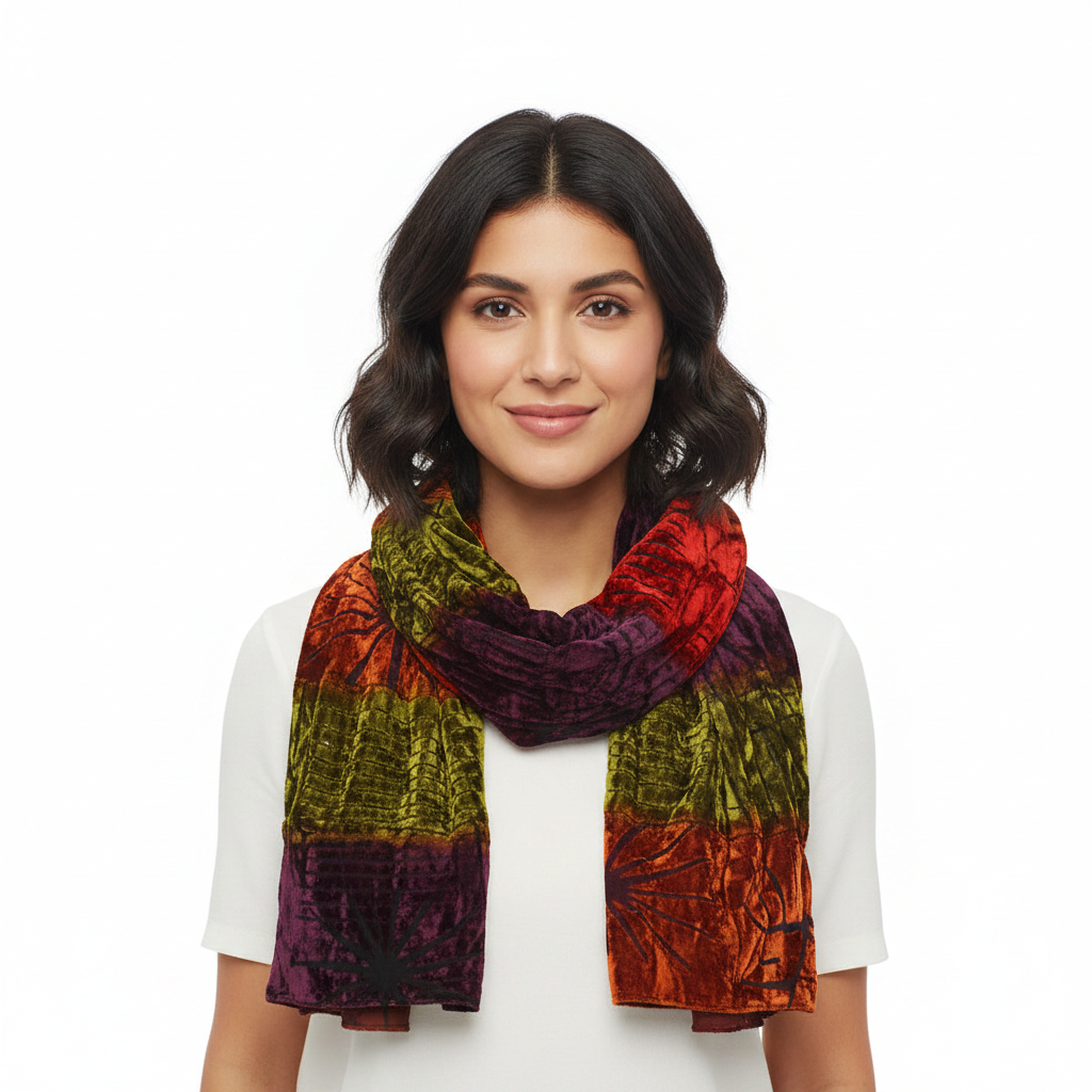 A multicolor batik scarf with a textured, tie-dye-like pattern in shades of red, orange, yellow, green, and purple, presented on a solid white background.
