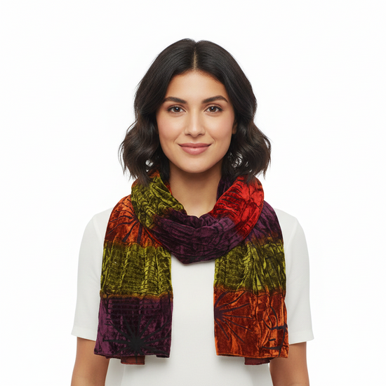 Multi Color Patchwork Burnout Pattern Devore Velvet Scarf