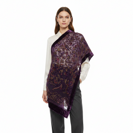 Pink Purple Gold Leaf  Devore Velvet Scarf with Border