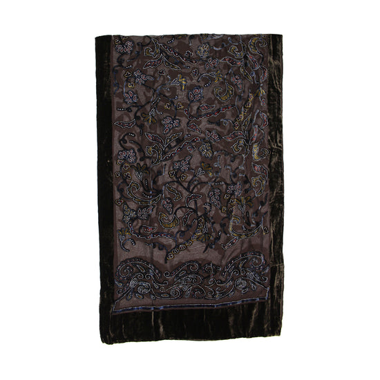 Brown Red Silver Leaf Devore Velvet Scarf with Border
