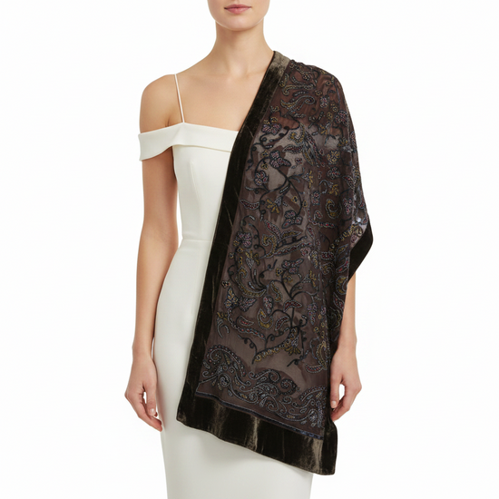 Brown Red Silver Leaf Devore Velvet Scarf with Border