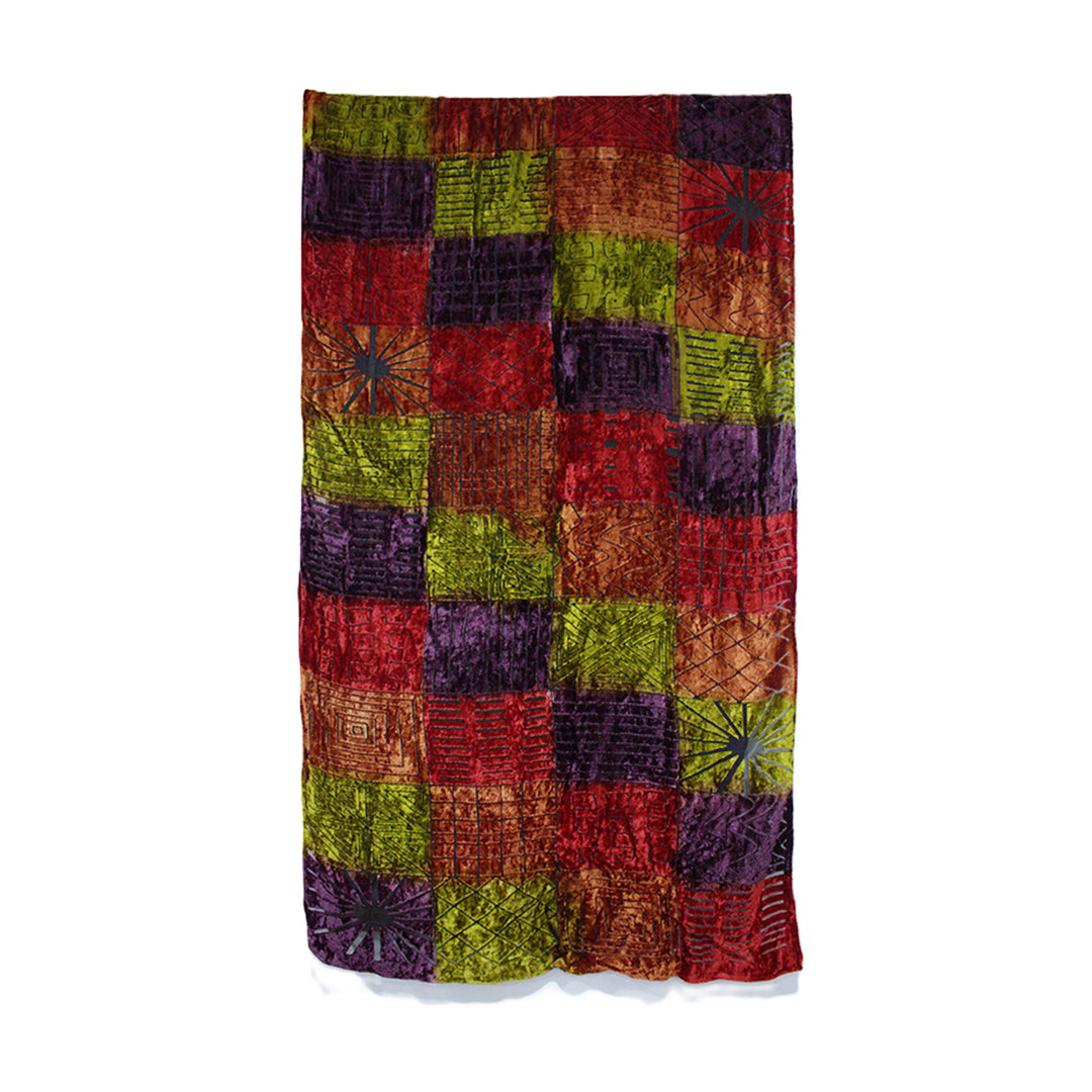 Multi Color Patchwork Burnout Pattern Devore Velvet Scarf