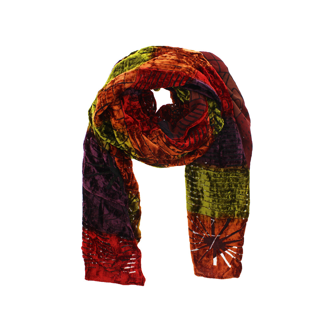 Multi Color Patchwork Burnout Pattern Devore Velvet Scarf