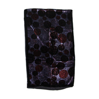 A black scarf featuring an all-over pattern of metallic, iridescent circular swirls in shades of bronze, copper, and dark purple, displayed flat against a white background.