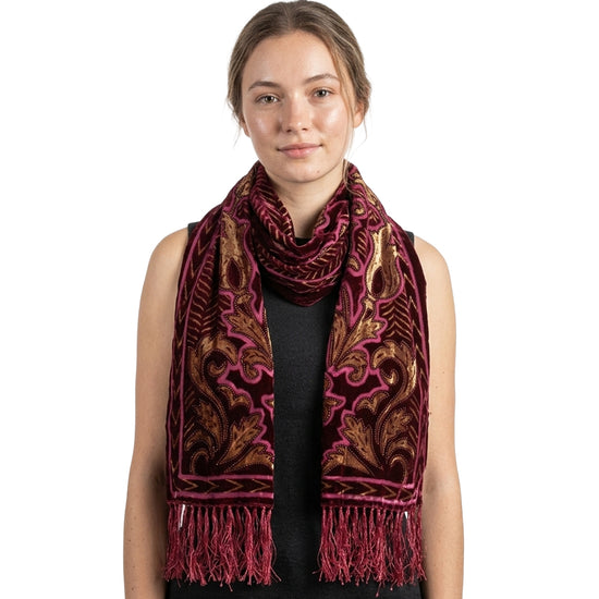 Brown Pink Floral Patterned Devore Velvet Scarf