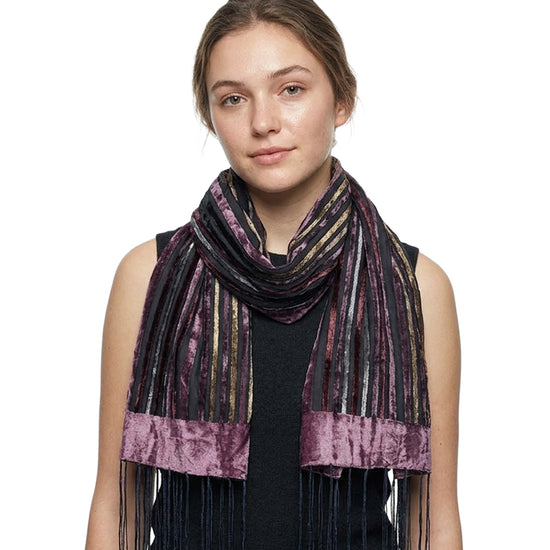 Velvet Striped Burnout Pattern Fringe Scarf