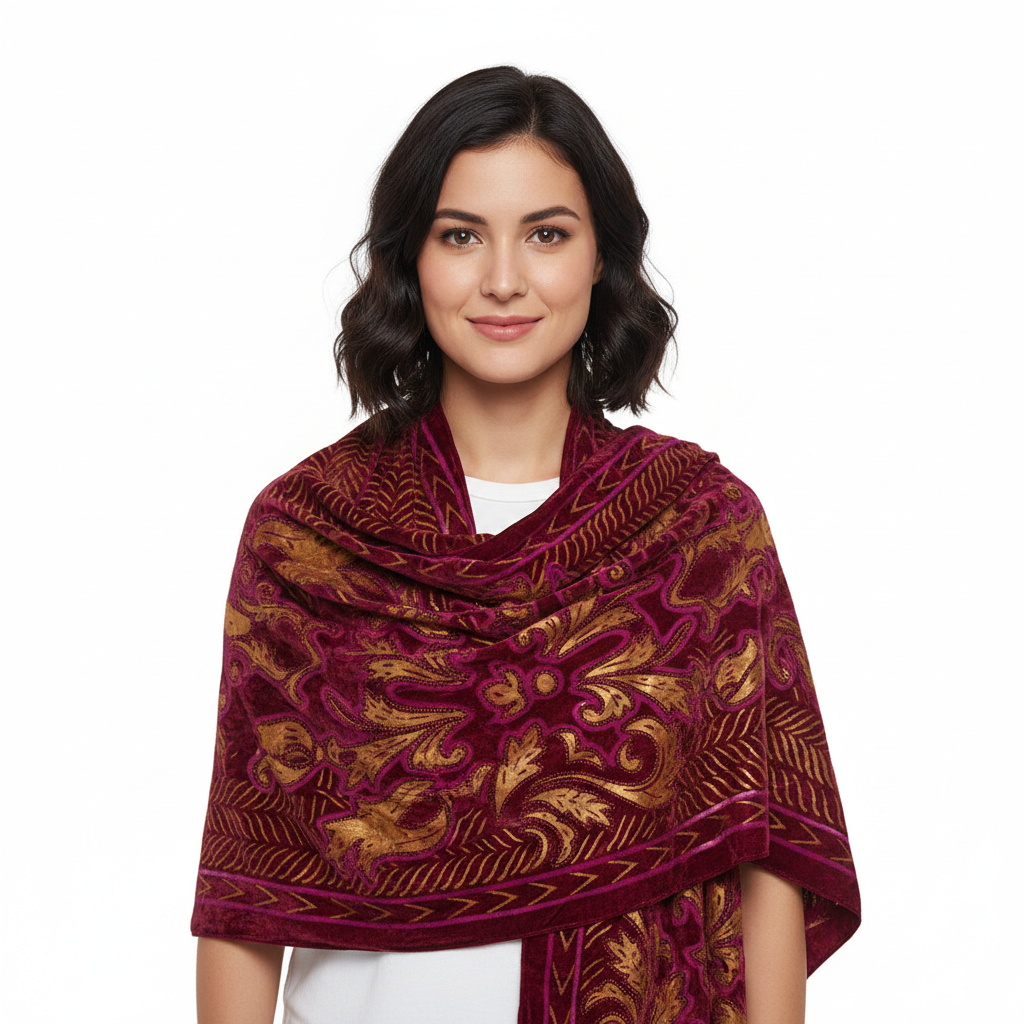 A rectangular velvet prayer rug with ornate gold and magenta embroidery, finished with a fringed bottom edge, shown against a plain white background.
