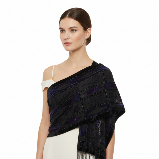 Blue & Purple Diamond Devore Velvet Scarf with Border