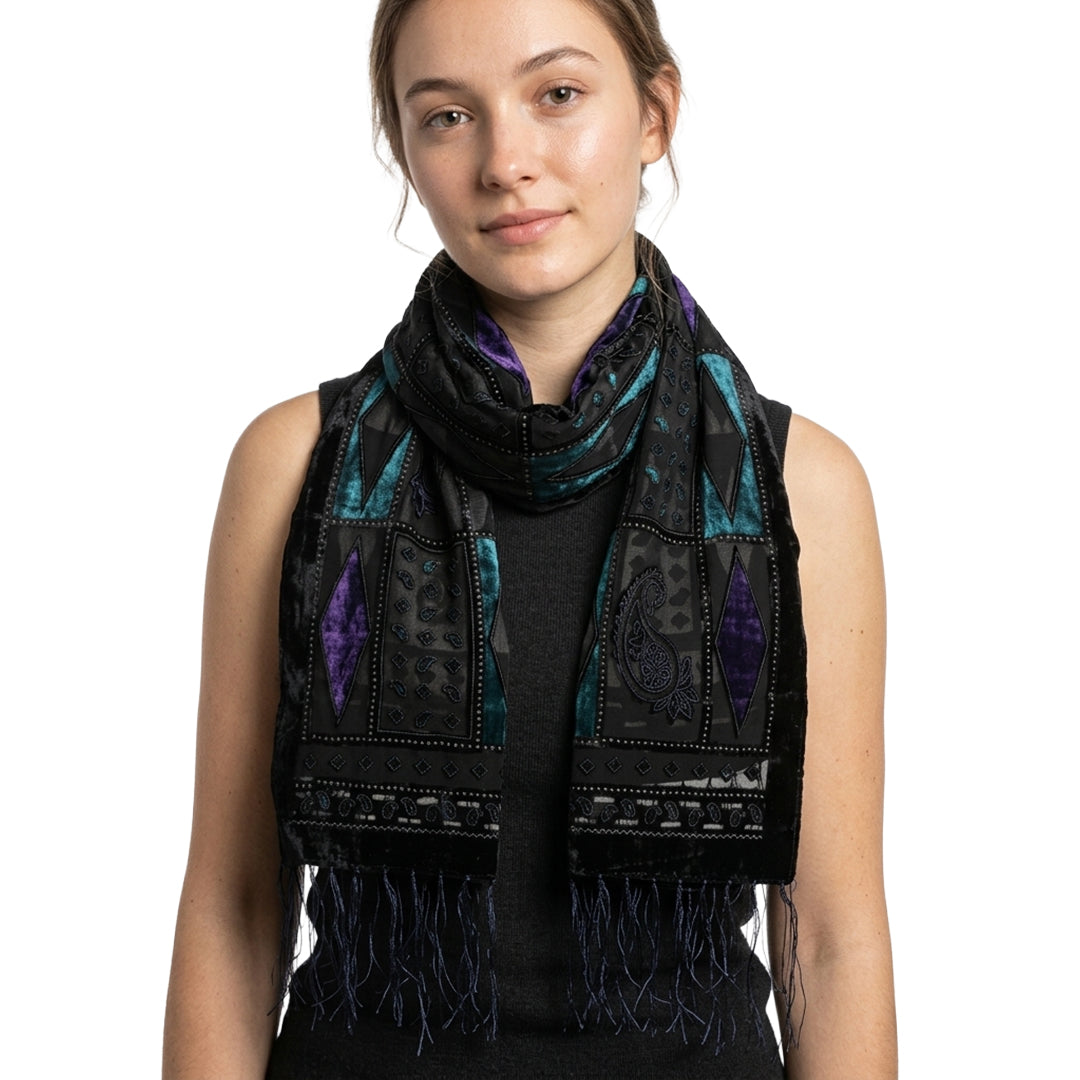 Purple & Teal Diamond Devore Velvet Scarf with Border