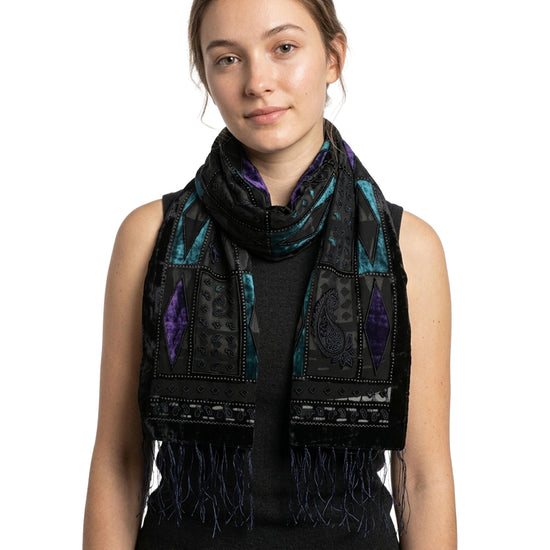 Purple & Teal Diamond Devore Velvet Scarf with Border